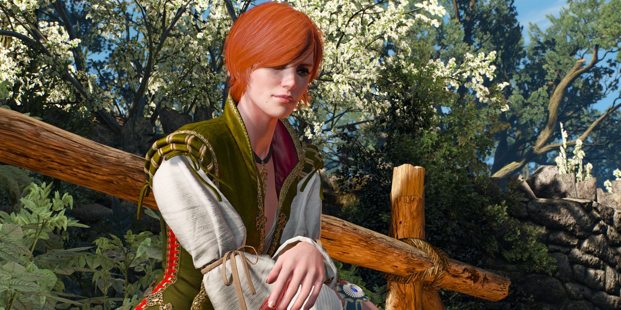 The Witcher 3 Hearts of Stone Shani sits in front of trees