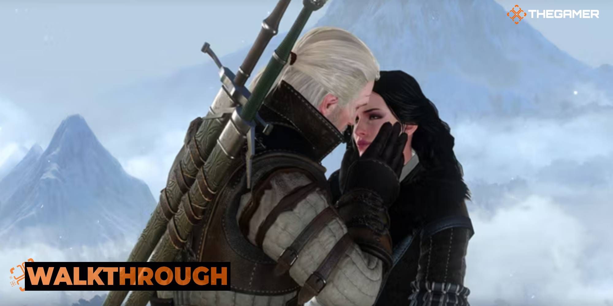 The Witcher 3 Yennefern and Geralt embracing for a kiss in front of snowy mountain backdrop