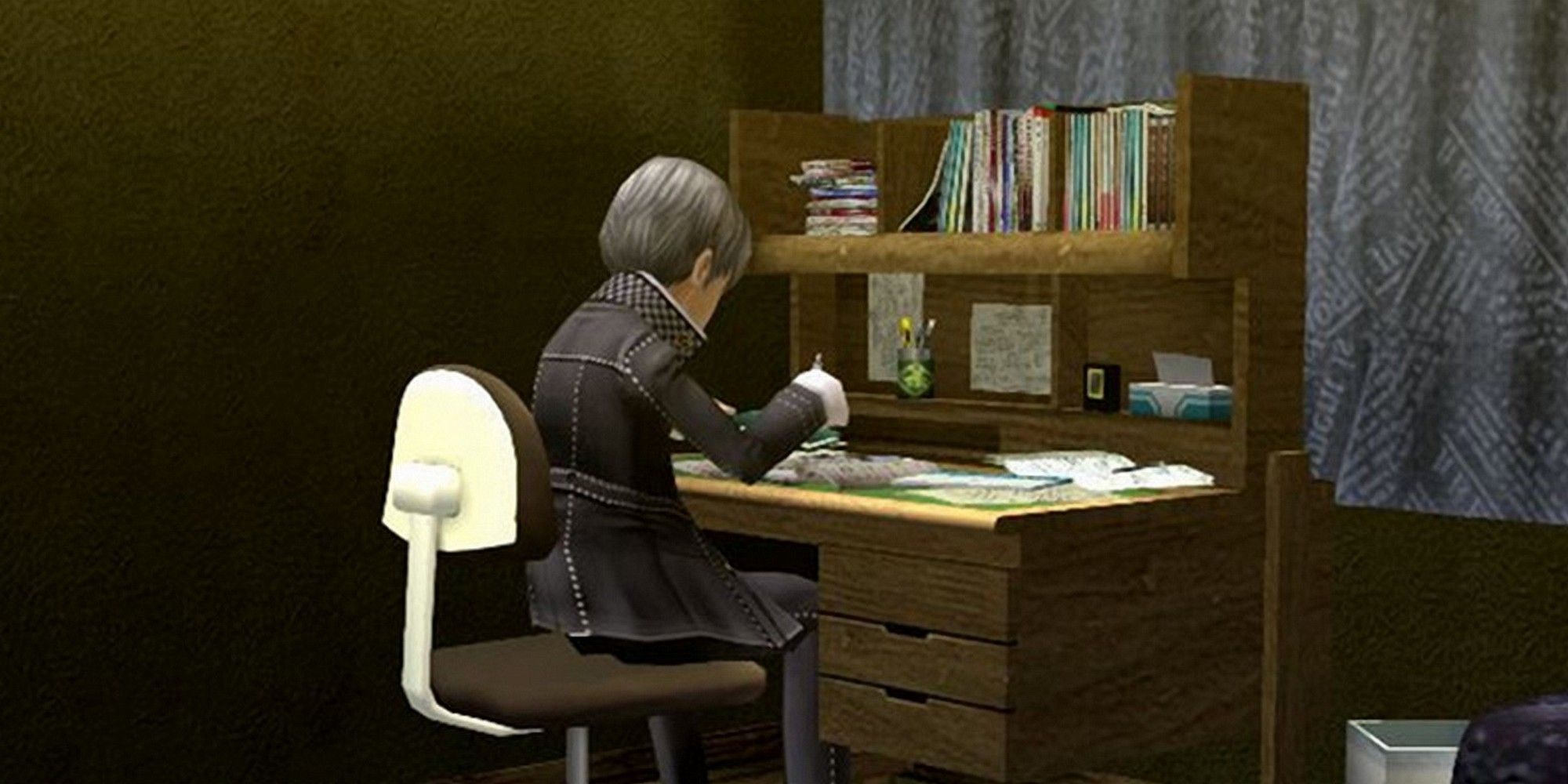 Yu studying at his desk in his room in Persona 4 Golden