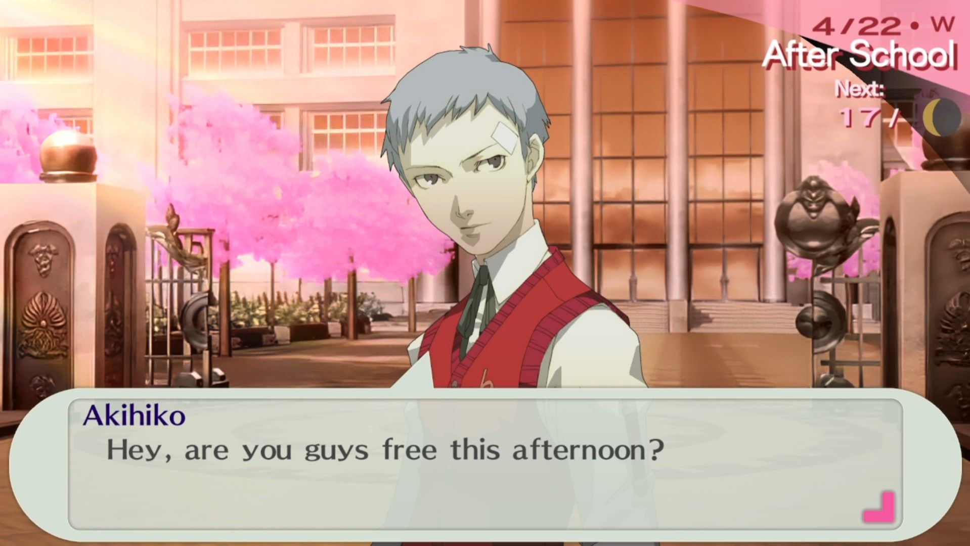 akihiko outside gekkoukan asking if the female protagonist and junpei are free in persona 3 portable