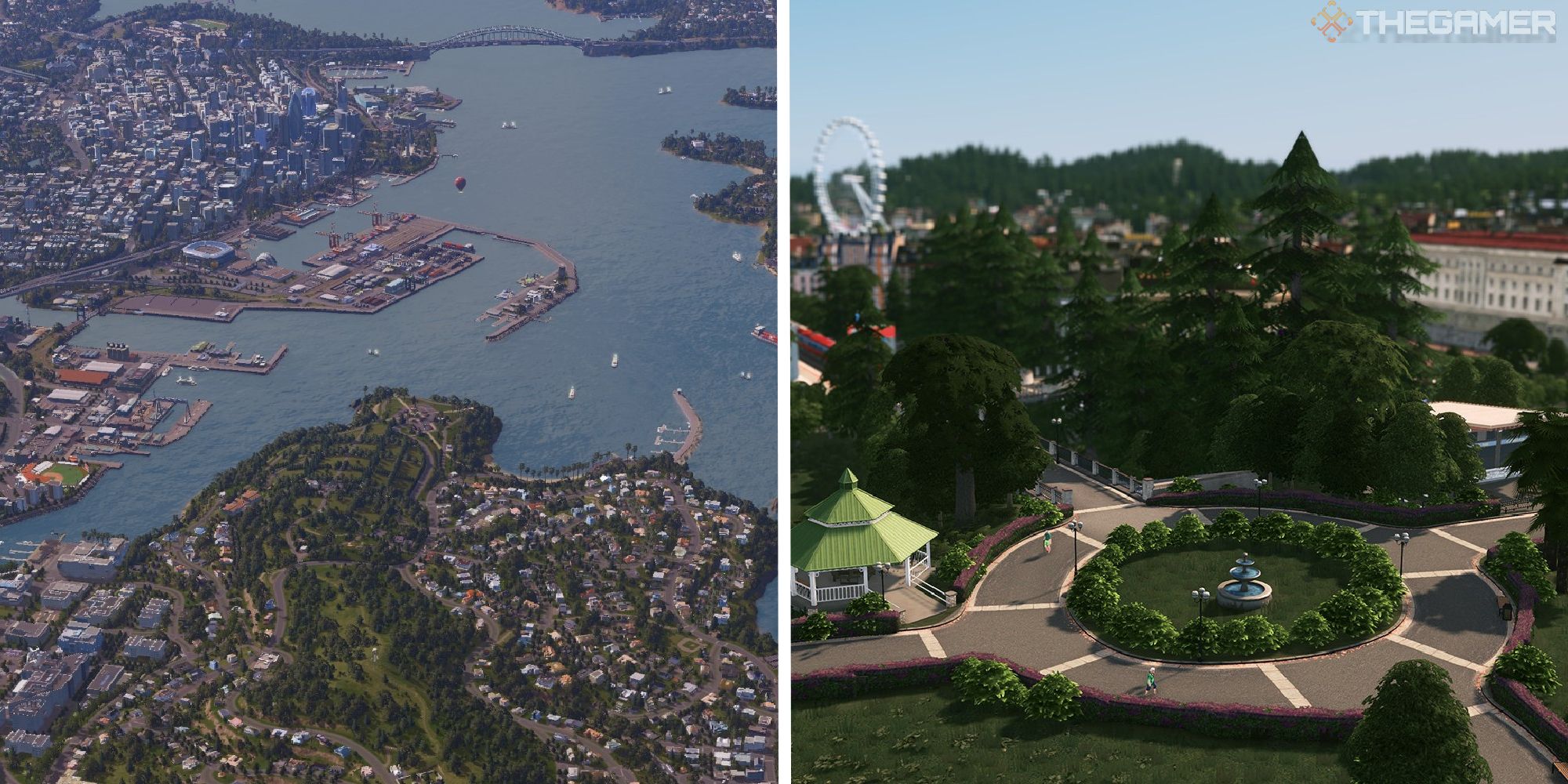 split image showing city from above next to image of park from parklife dlc