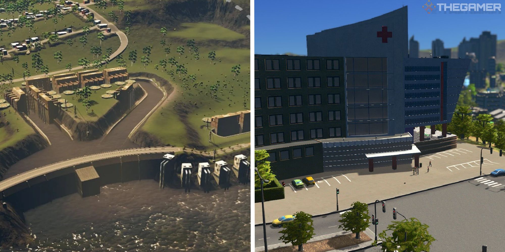 split image showing sewage treatment next to image of hospital