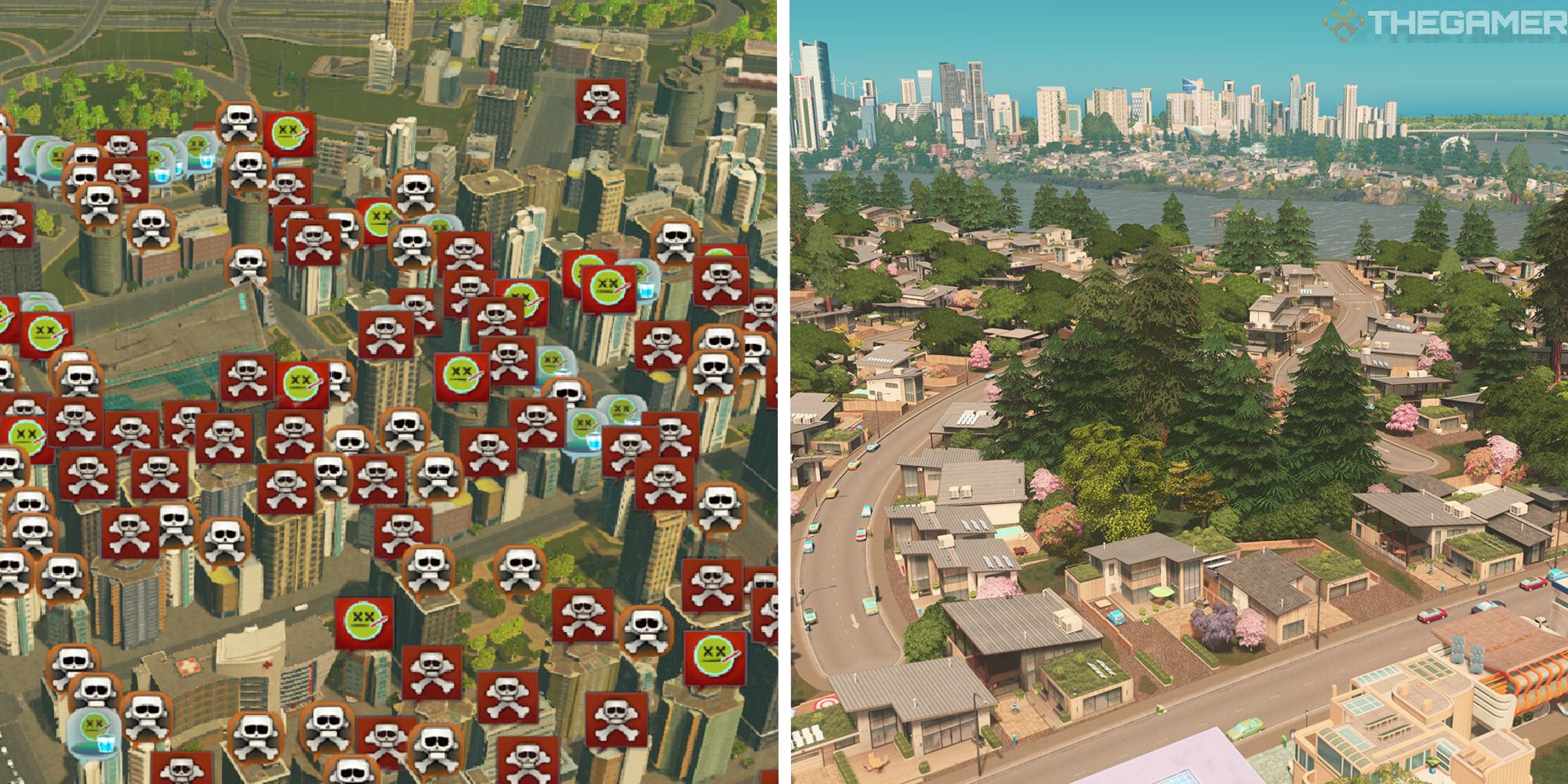 split image showing death wave next to image of residental areas