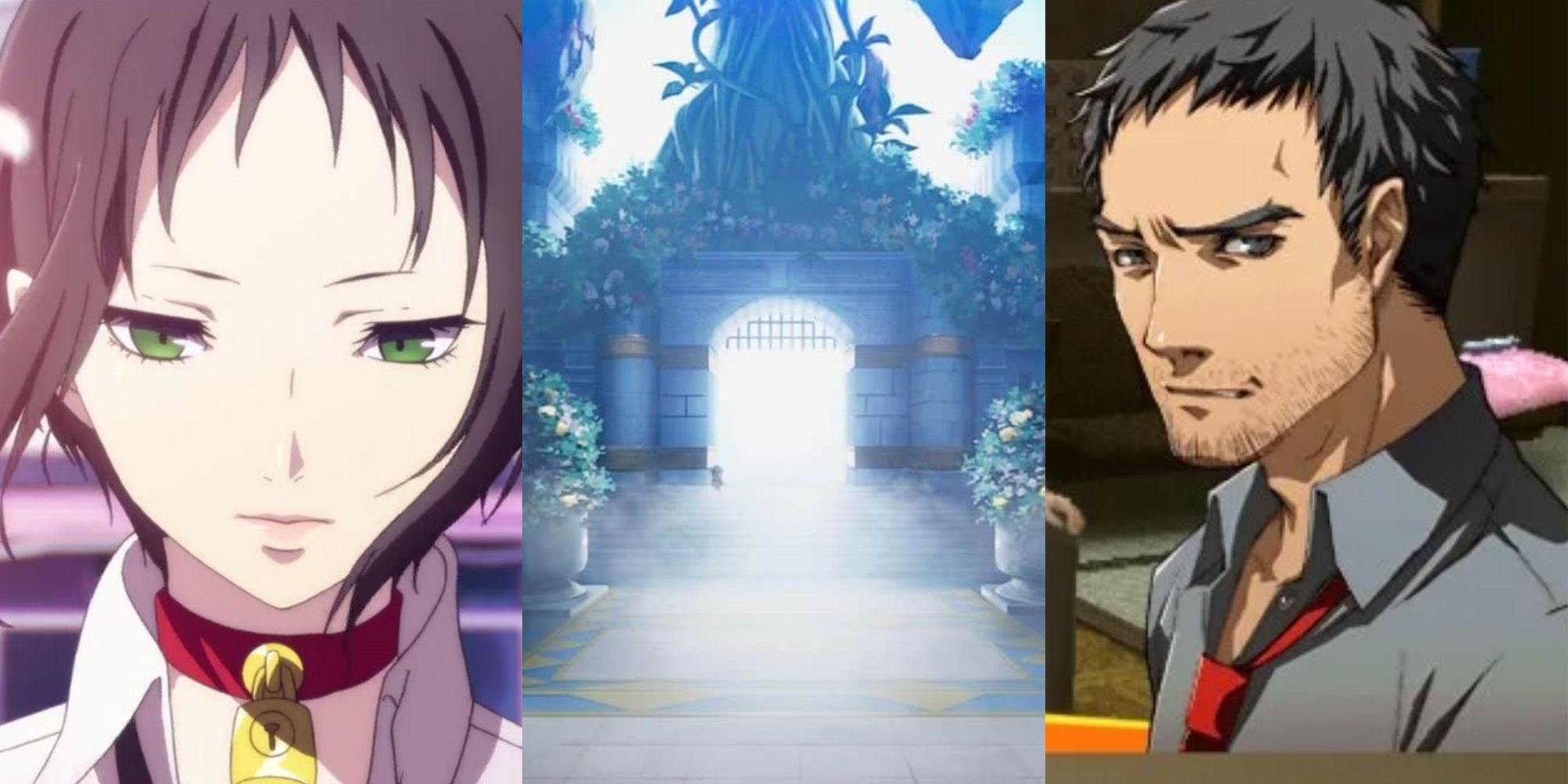 Marie looking down in an anime scene, the gates to Nanako's Heaven, and Dojima's sad portrait in Persona 4 Golden
