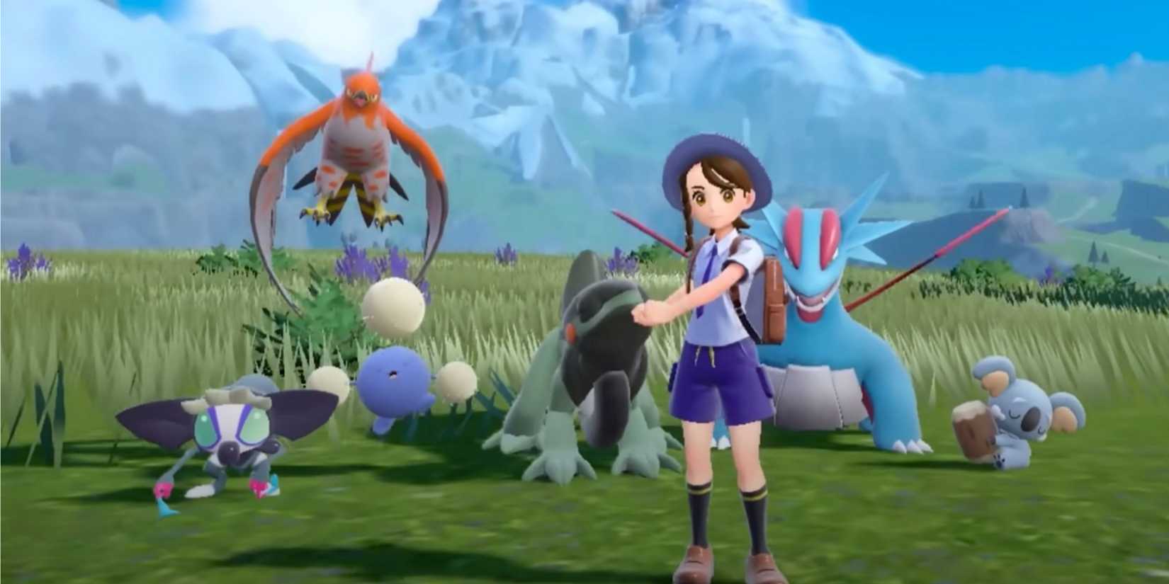 A Pokemon Trainer with their Pokemon in a grassy field in Pokemon Scarlet and Violet.
