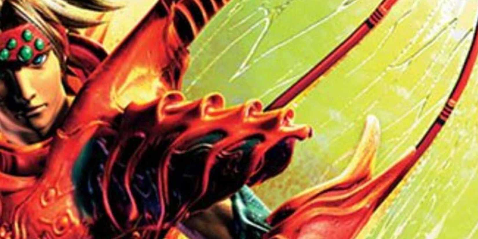 Legend of Dragoon protagonist in red armour over yellow background