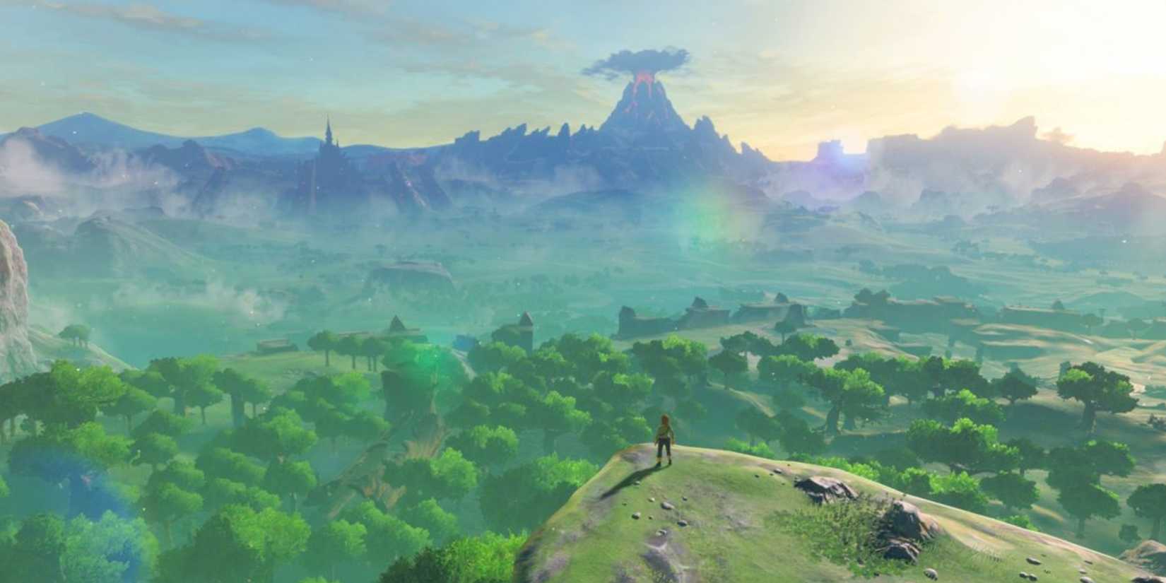 Link that stares out at Hyrule from the edge of the large plateau in Legend of Zelda: Breath of the Wild.