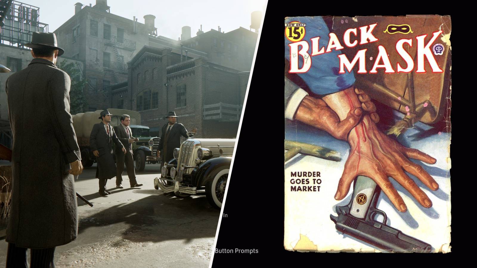 Mafia Definitive Edition Tommy and the crew on the left and Black Mask Magazine on the right