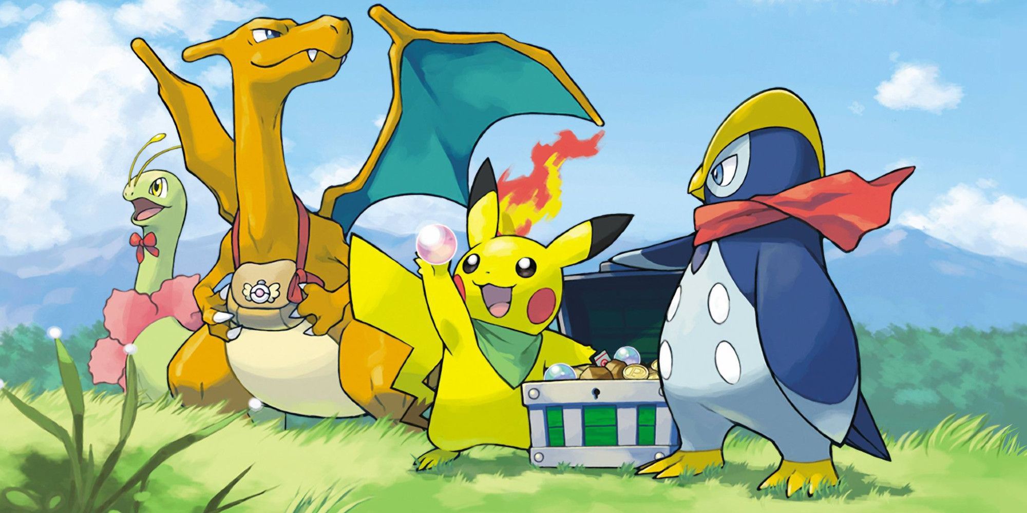 Meganium, Charizard, Pikachu, and Prinplup in Pokemon Mystery Dungeon: Explorers of Sky