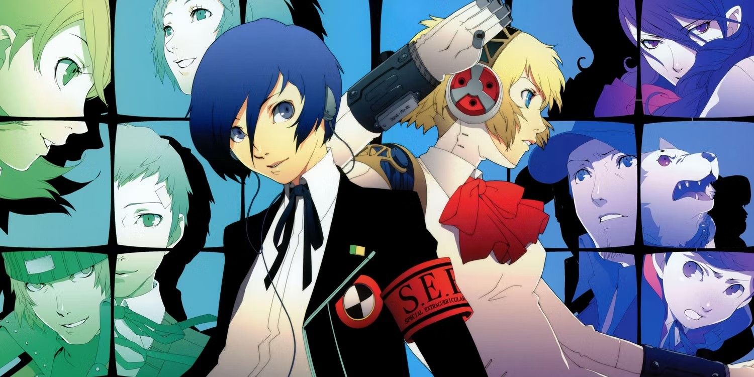 the male protagonist and aigis in front of stylized images of the sees team members from persona 3 portable