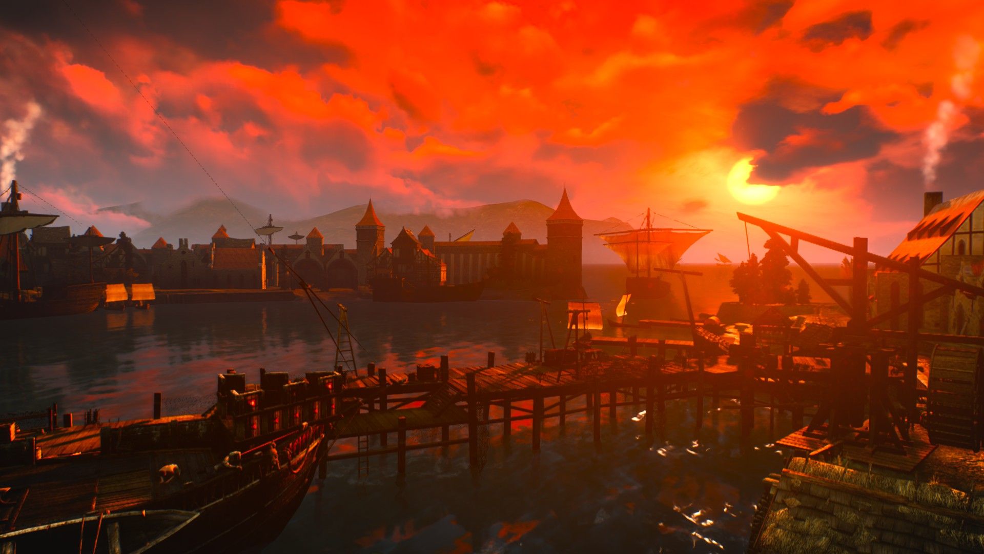 A ship sails out of an medieval city as the evening sun bathes the docks in a deep orange glow.