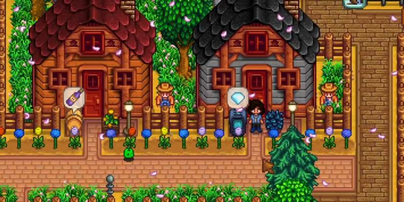 A well-landscaped farm in Stardew vally with two sheds and and brick path