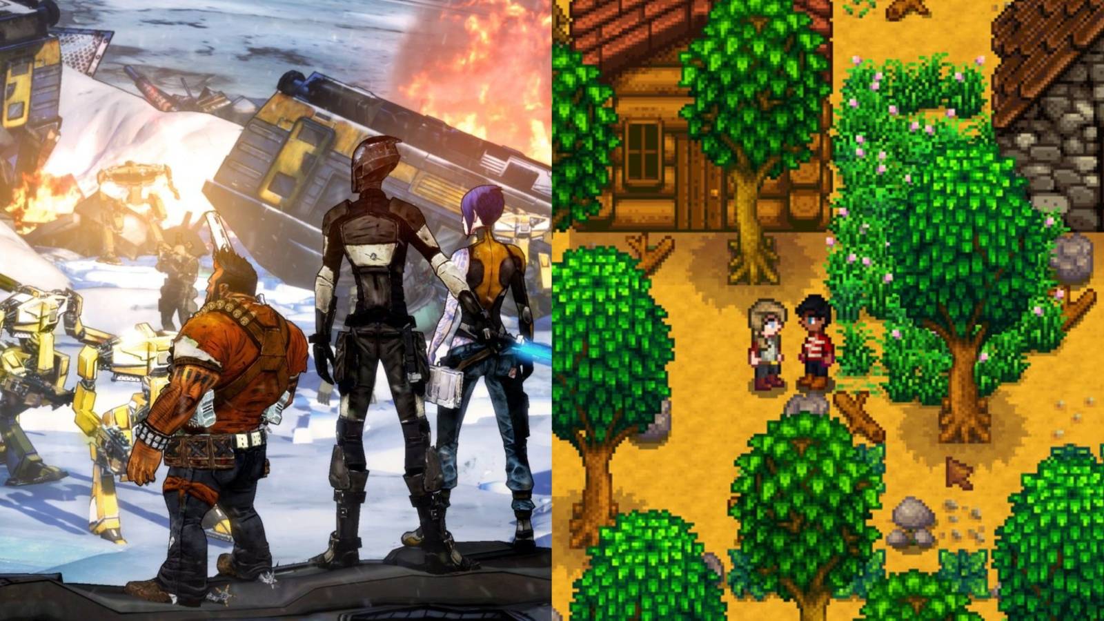 Best Co-Op RPGs Featured Split Image Borderlands 2 and Stardew Valley