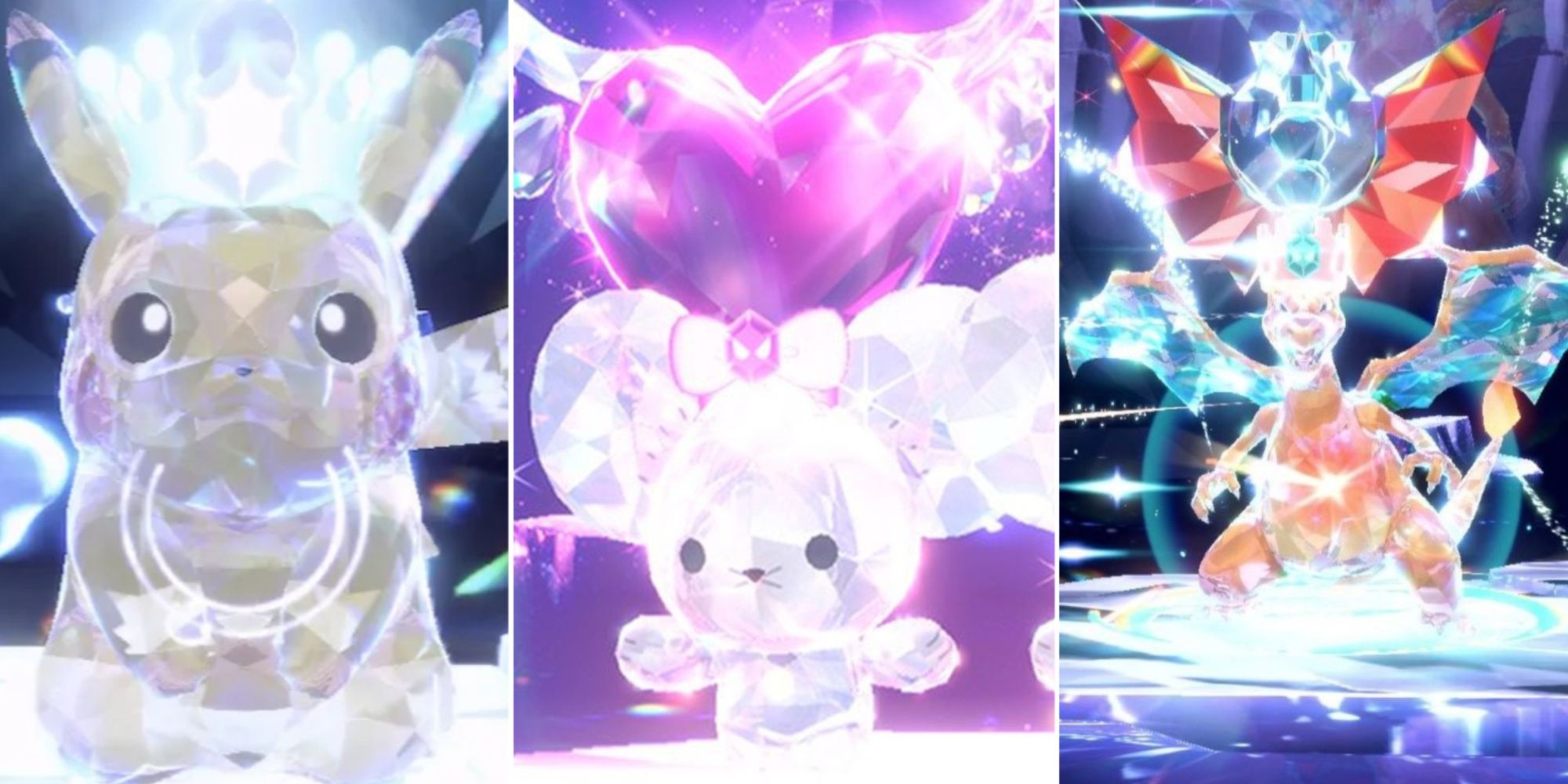 A split image of Pikachu, Mousehold and Charizard flaunting their Tera crystals in Pokemon Scarlet & Violet raids.