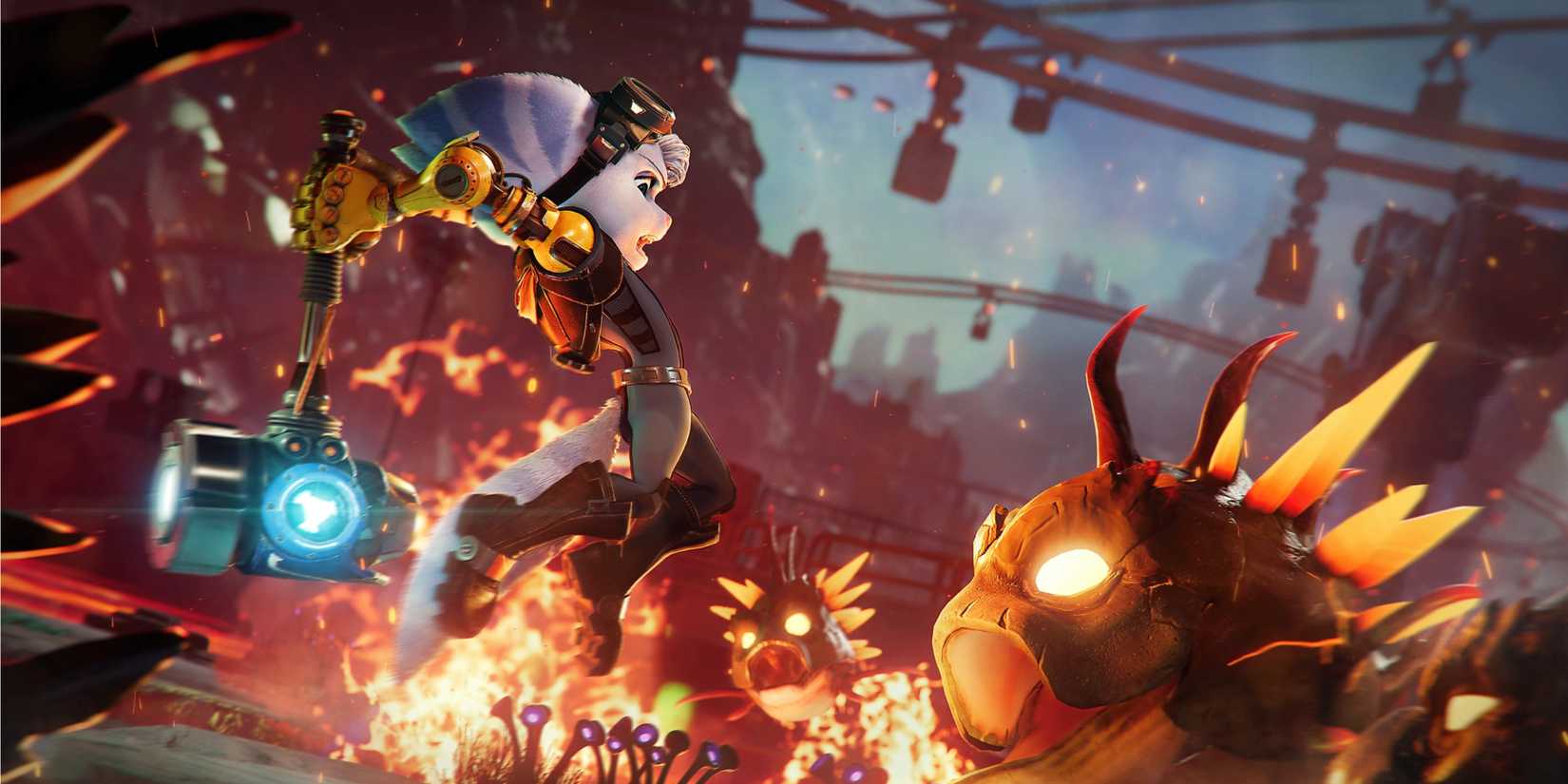 Rivet swung a hammer at the enemy in Ratchet & Clank: Rift Aplect.