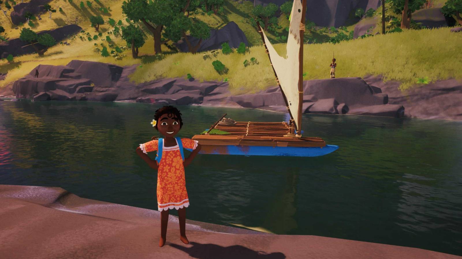 tchia smiling in front of her raft