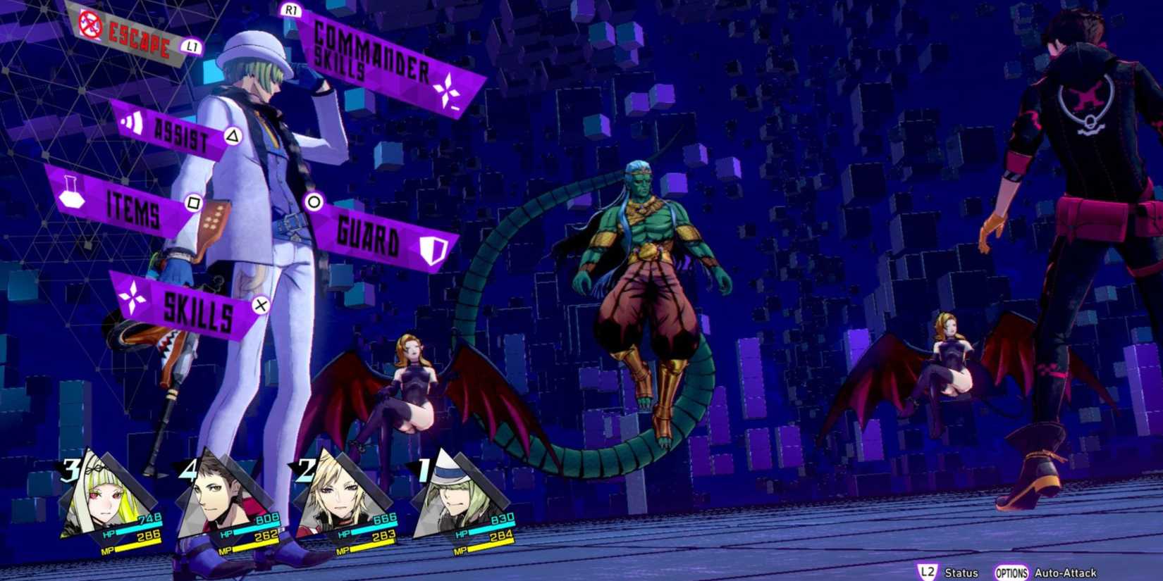 Soul Hackers 2 Saizo battles Dragon Vritra and Night Succubi.