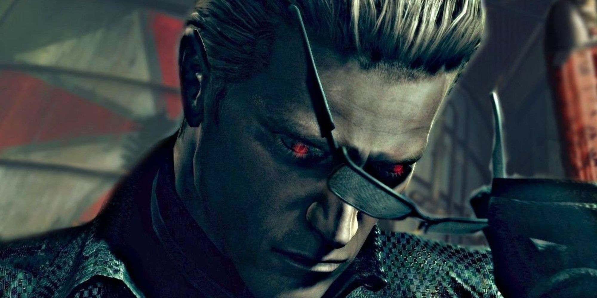 Wesker removes his sunglasses to reveal their red eyes in Resident Evil 5.