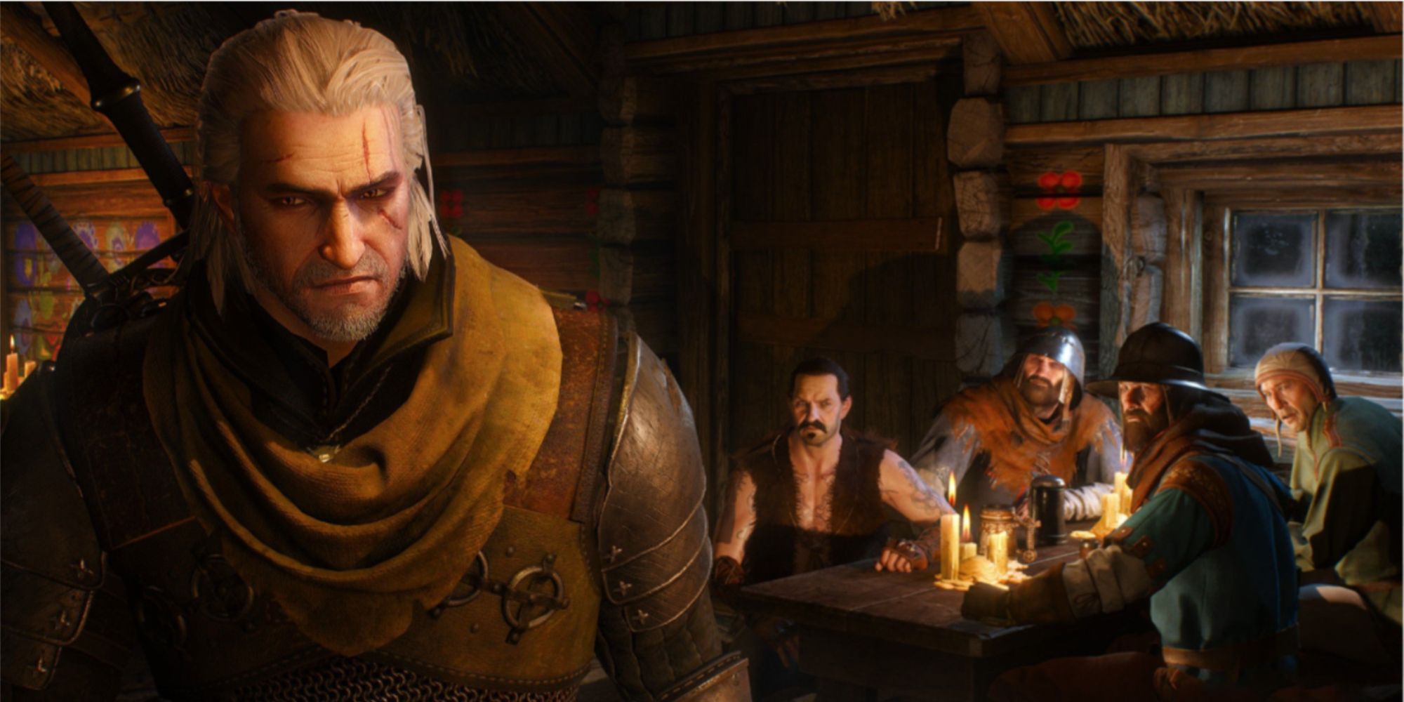 geralt being stared at in a tavern in the witcher 3