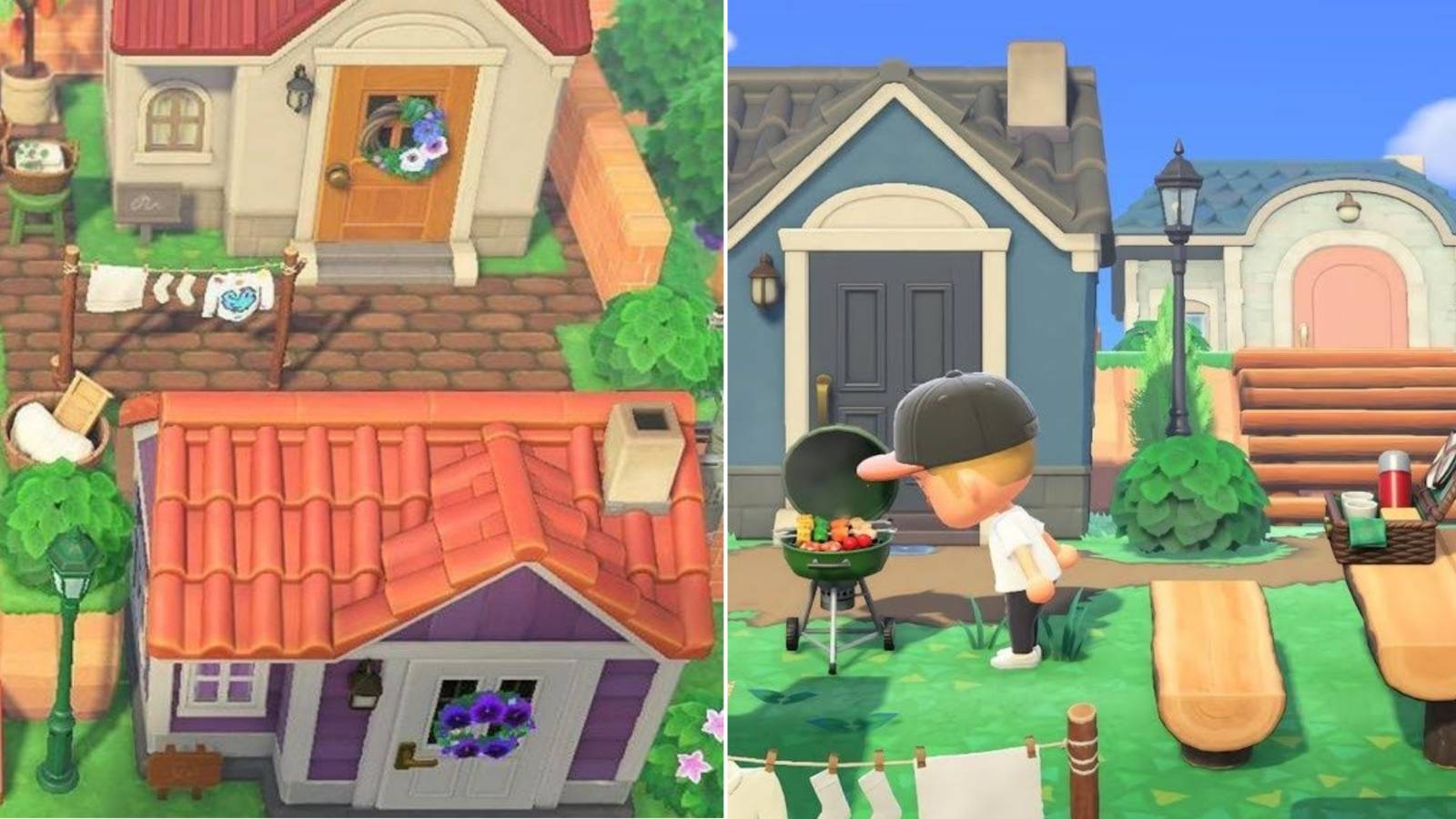 Split image screenshots of two houses next to red steps and a player outside of a house with a BBQ in Animal Crossing New Horizons.