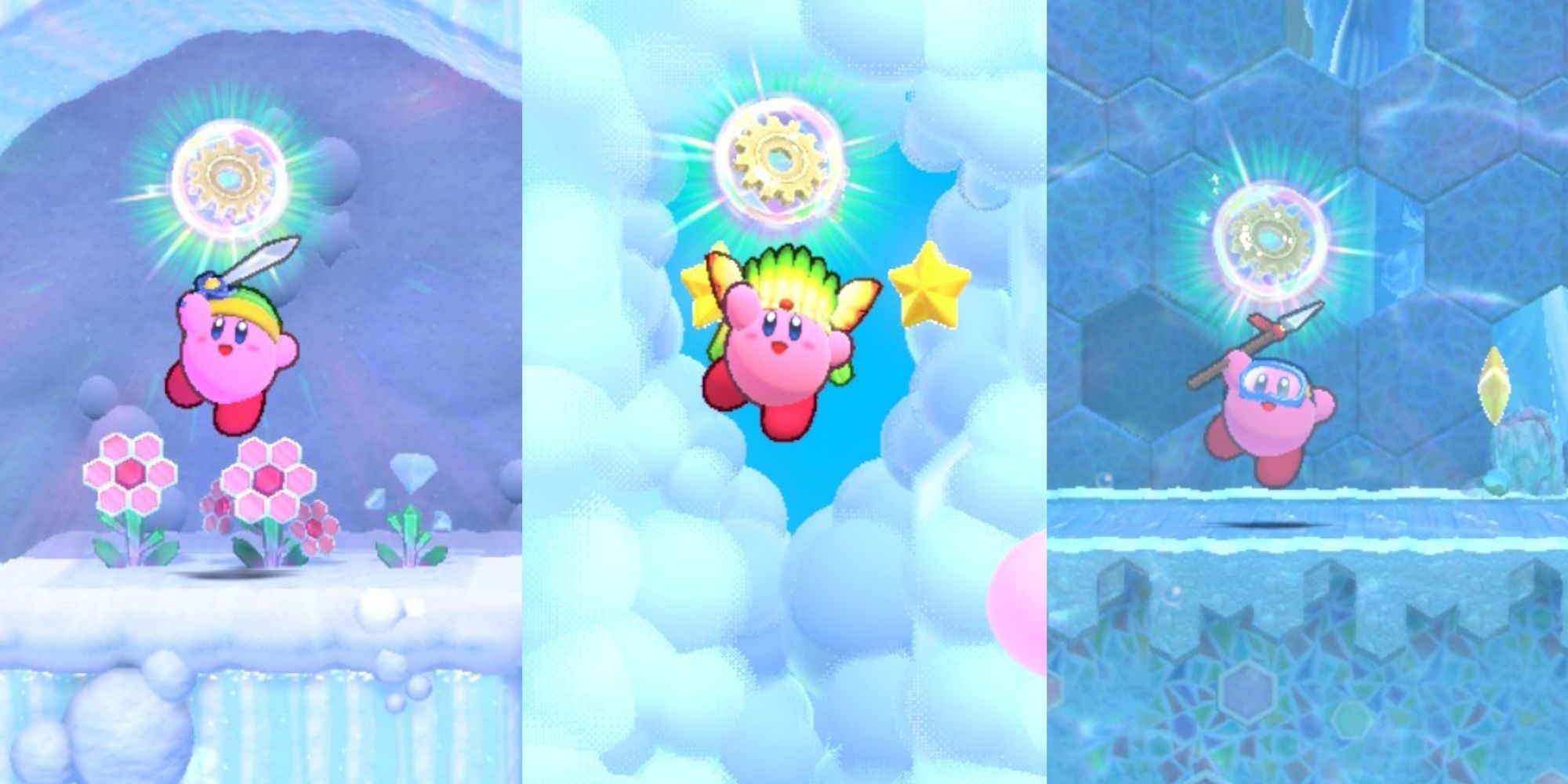 Split image screenshots of Kirby grabbing Energy Spheres across Kirby's Return To Dream Land Deluxe.