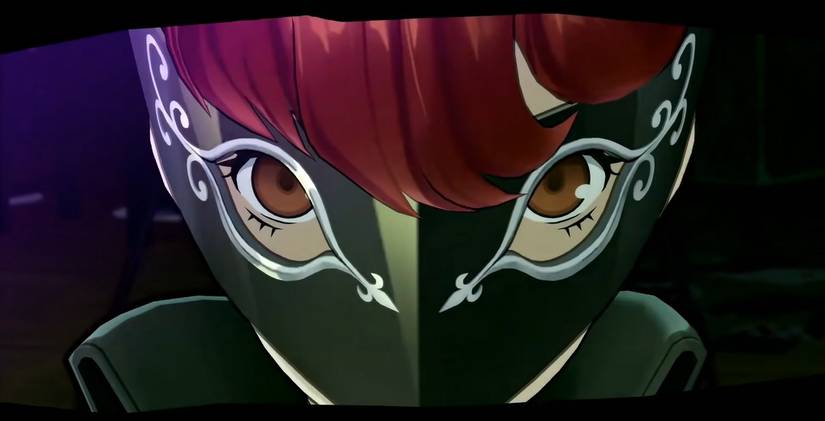 Kasumi staring directly into the camera from behind her mask in Persona 5 Royal.