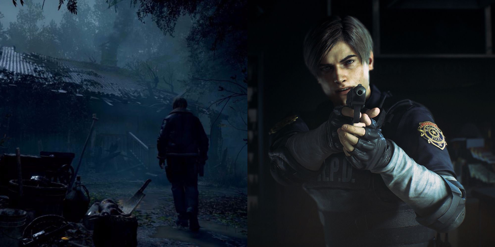 Resident evil 2 and 4 split image Leon walking to house and Leon holding pistol