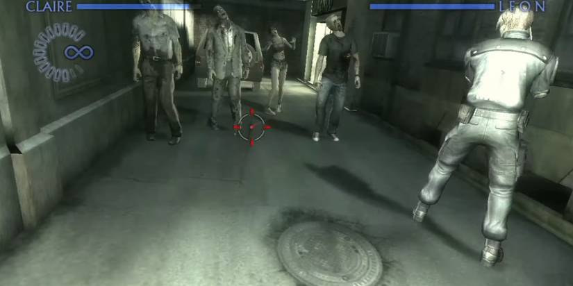 Leon and Claire running into zombies in an alleyway with the aim cursors on the screen as the rail-shooter mechanics.