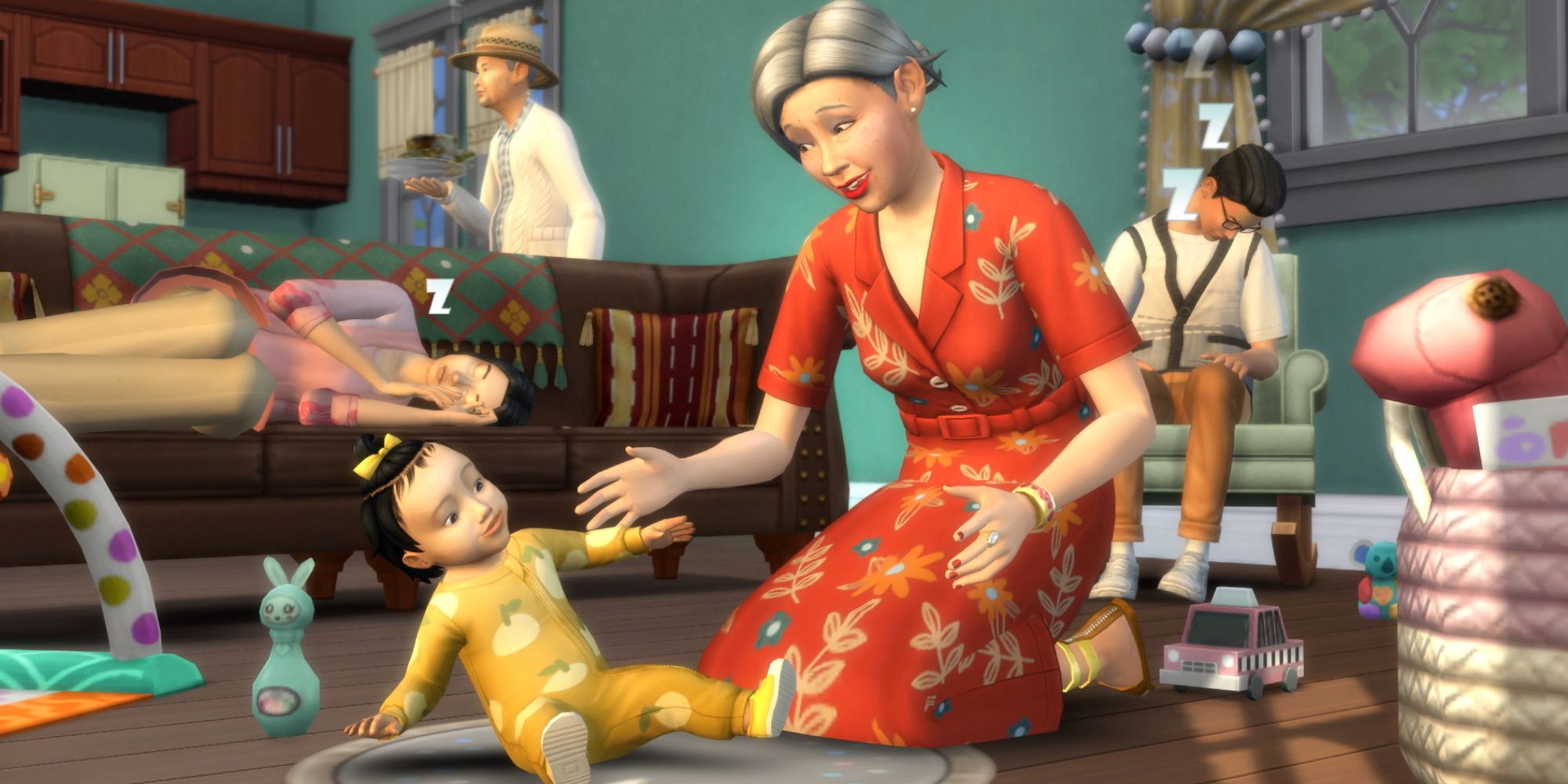The Sims 4 grandparents are playing with an infant while the parents nod