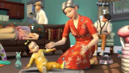 The Sims 4 grandparents are playing with an infant while the parents nod