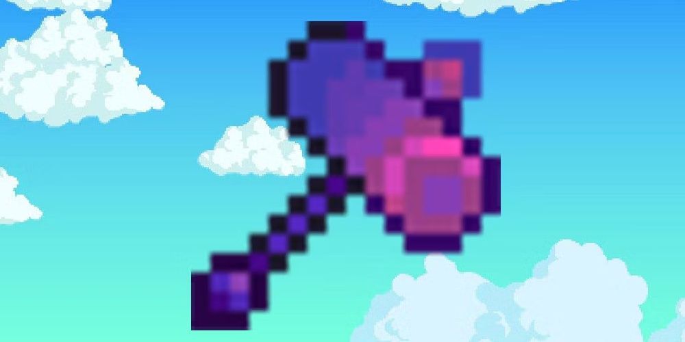 The Galaxy Hammer held before a blue sky in Stardew Valley the video game