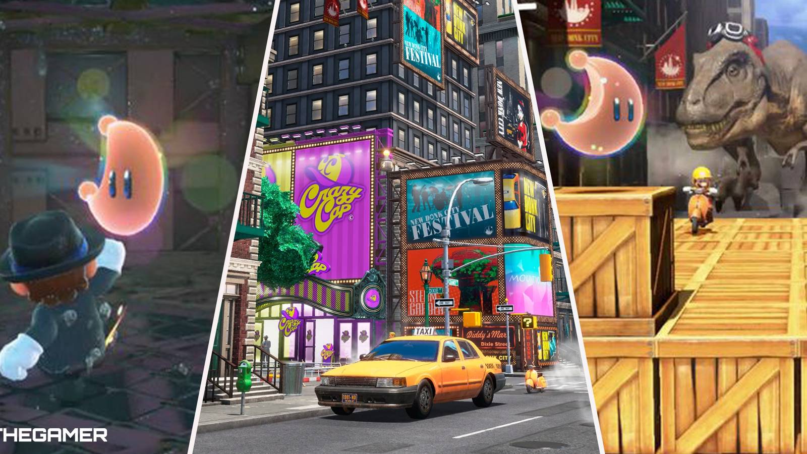 Super Mario Odyssey - Metro Kingdom in centre, Power Moons on left and right