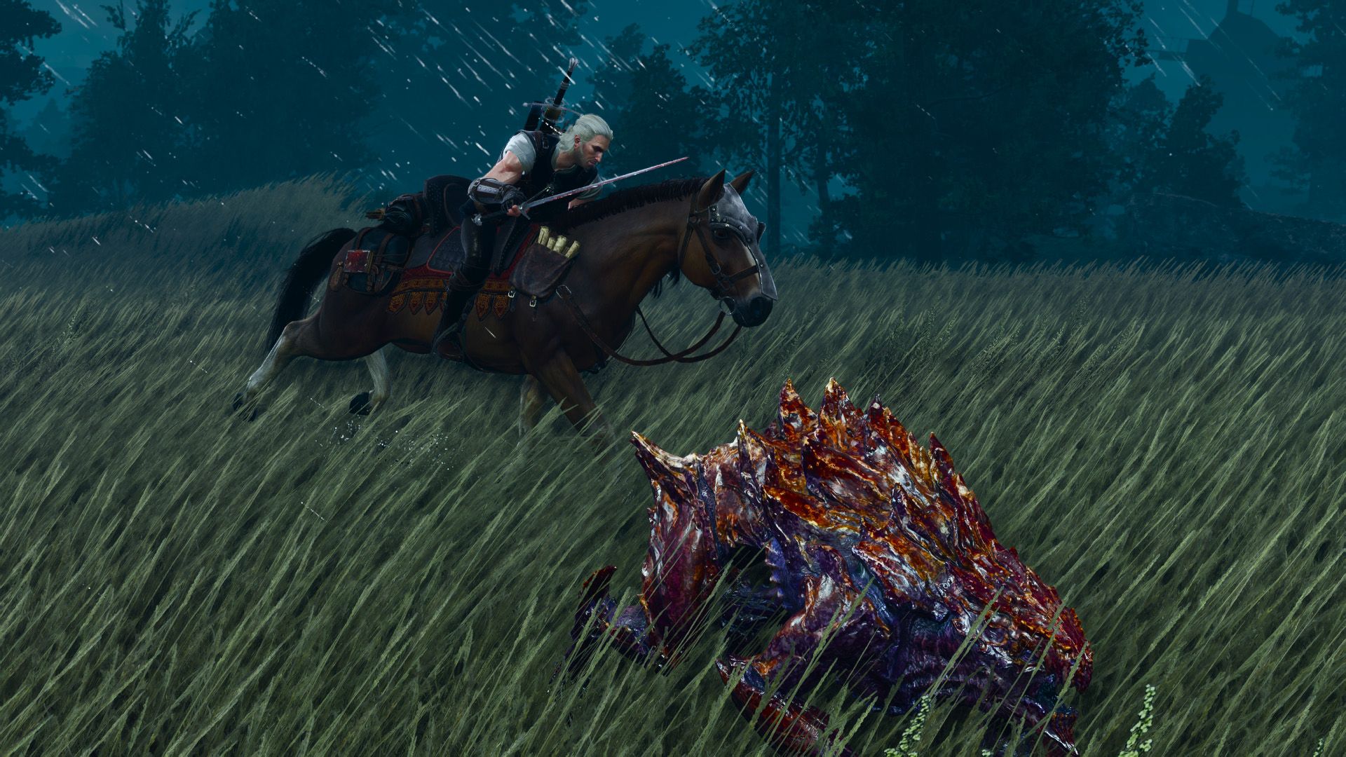 Geralt de Rivia montado em seu cavalo Carpe em The Witcher 3