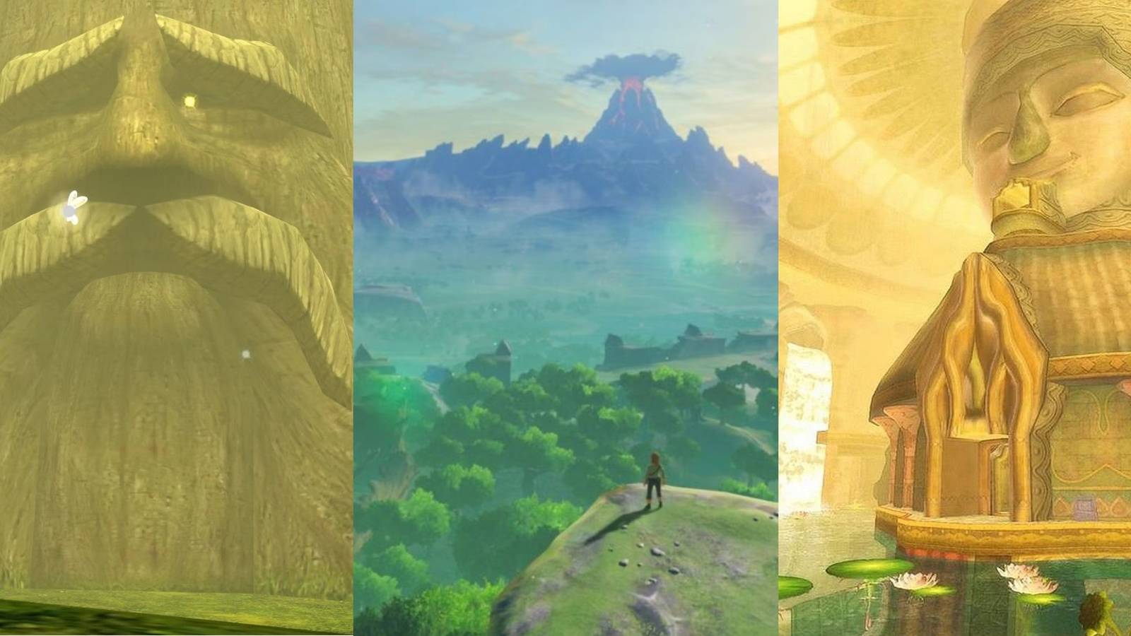 The Great Deku Tree from Ocarina of Time, Link staring out over Hyrule in Breath of the Wild, and a small lake and golden head in the Ancient Cisternin Skyward Sword