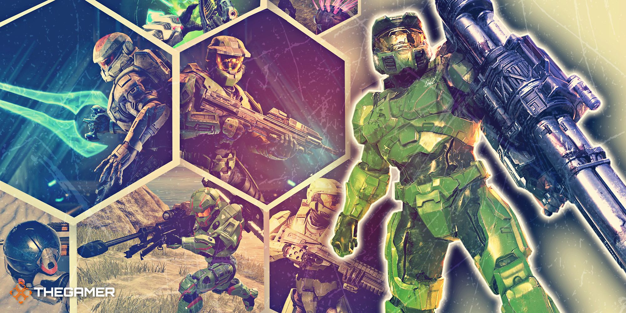 Master Chief and other Spartans holding iconic Halo guns and weapons