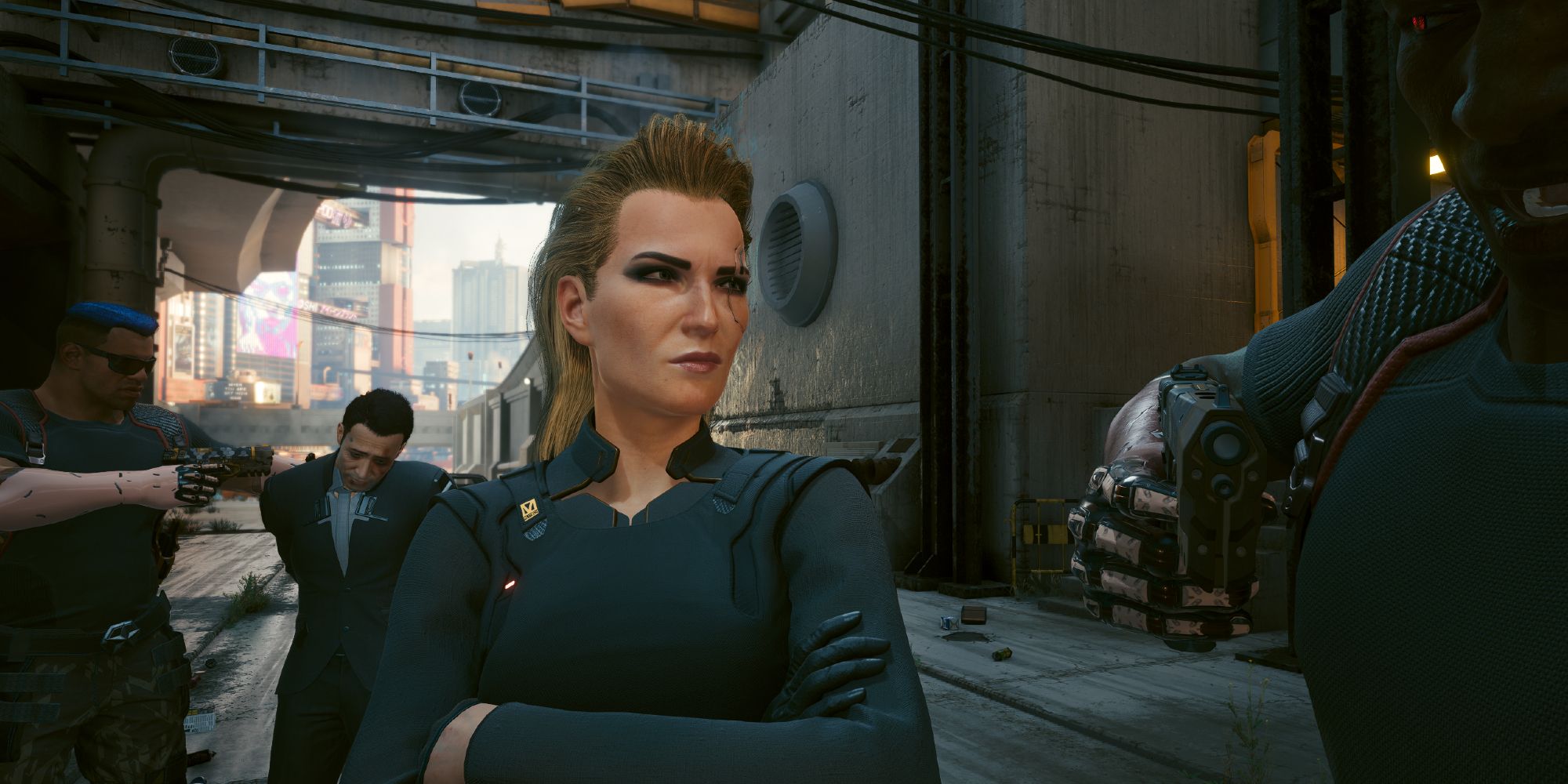 Meredith Stout Considering whether to kill V or not, in Cyberpunk 2077.