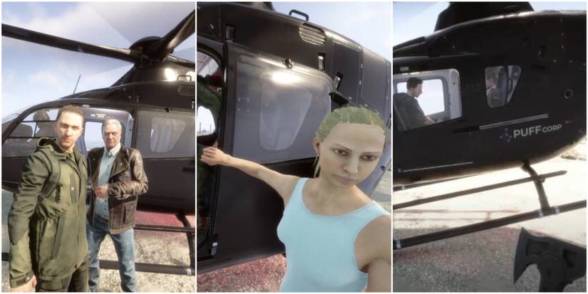 Collage of Various Ending Cutscenes Showing Timmy Leblanc, Eric Leblanc, Virginia, and a rescue chopper in Sons of the Forest.