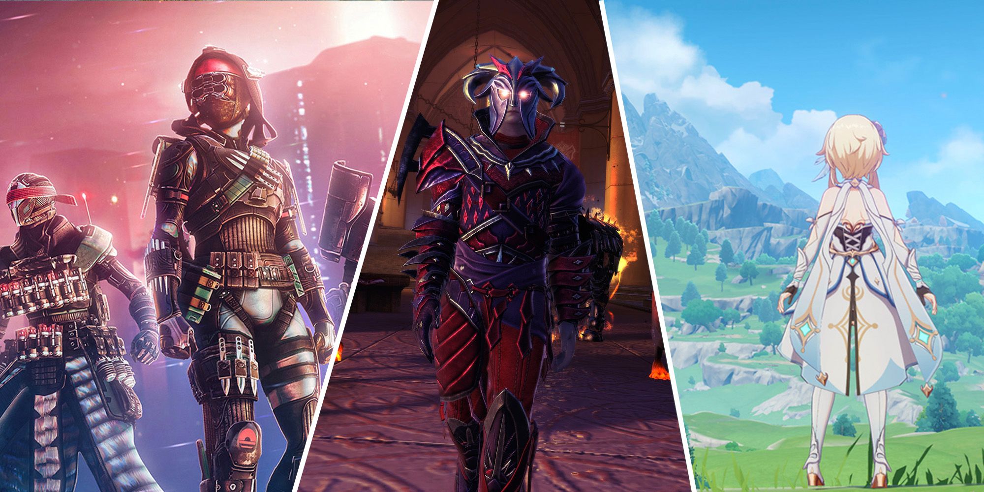 A collage of Destiny 2, Neverwinter, and Genshin impact screens.
