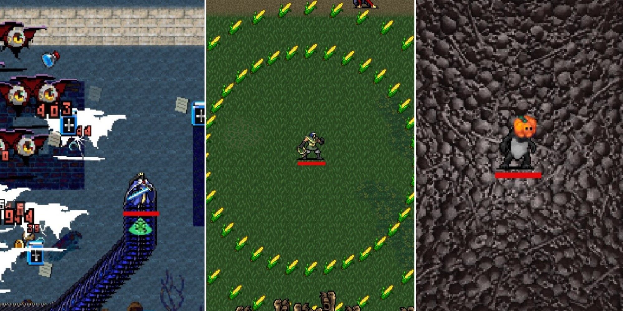 Three screenshots from Vampire Survivors.
