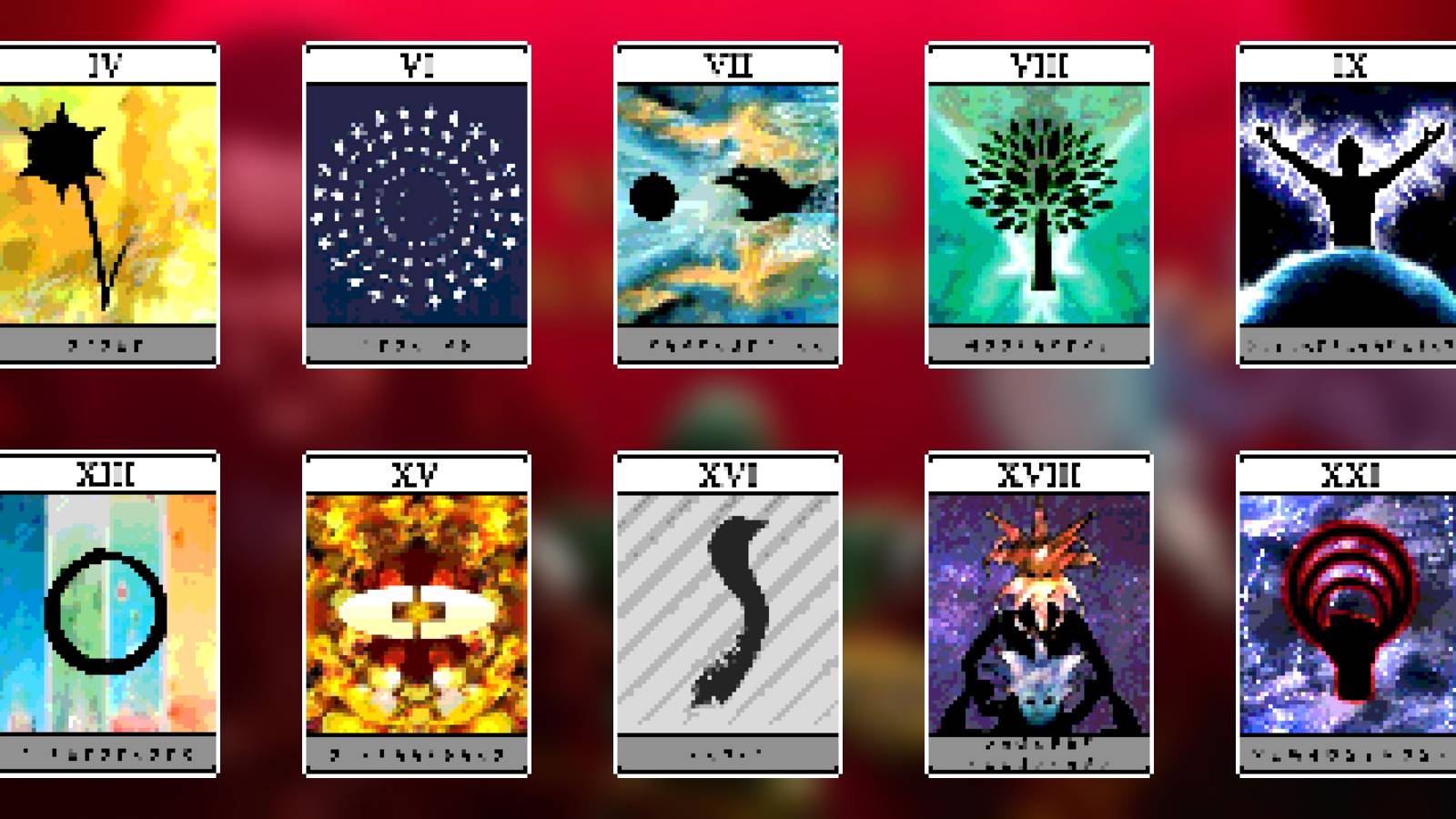 Images of ten different Arcana cards from Vampire Survivors.