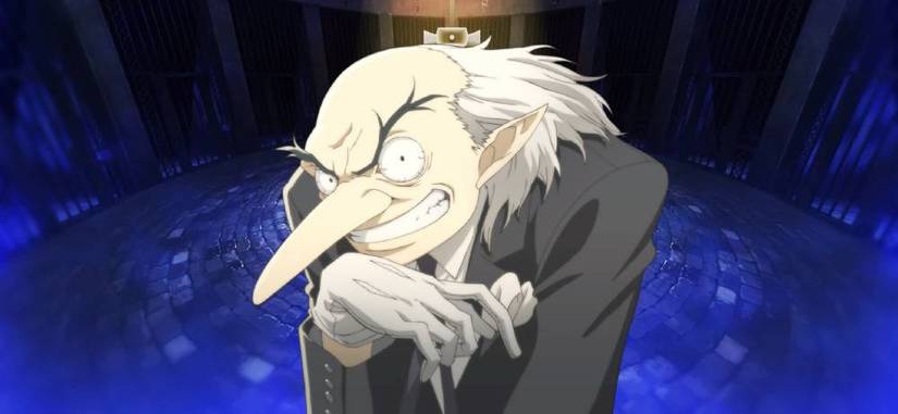 Igor in front of a Velvet Room background for the Fool arcana Personas in Persona 5 Royal.