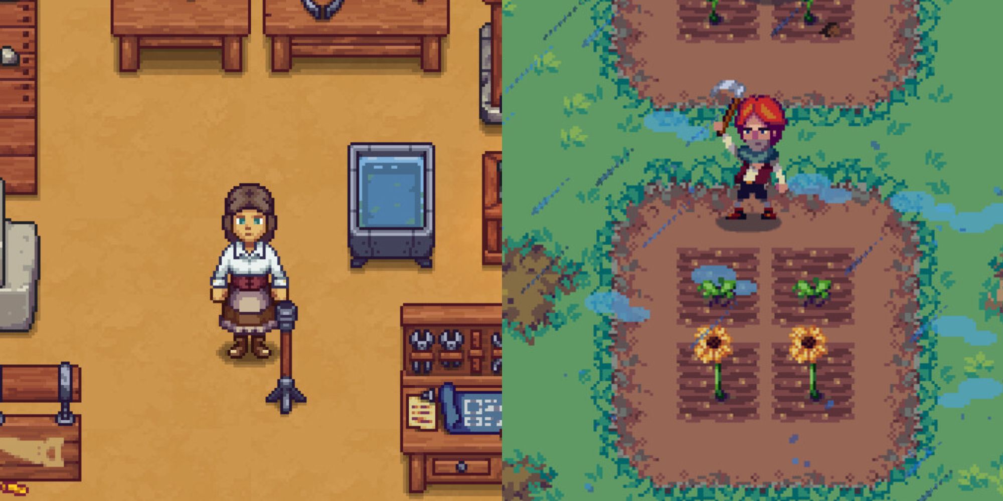 the player around the crafting tables in the traveler's rest and the player working the clay in kynseed