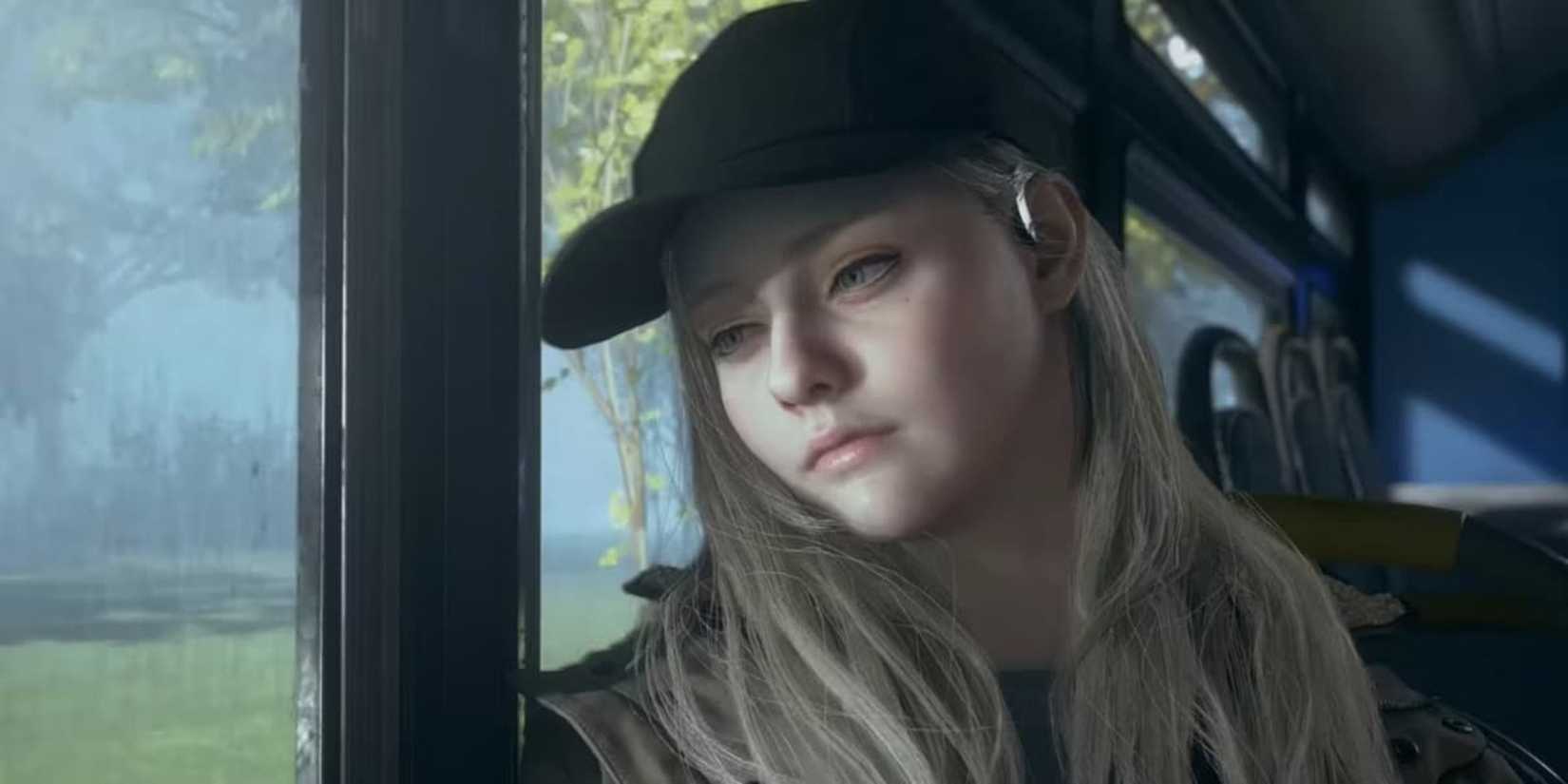 Rosemary Winters looks out of a bus window in Resident Evil Shadows of Rose.