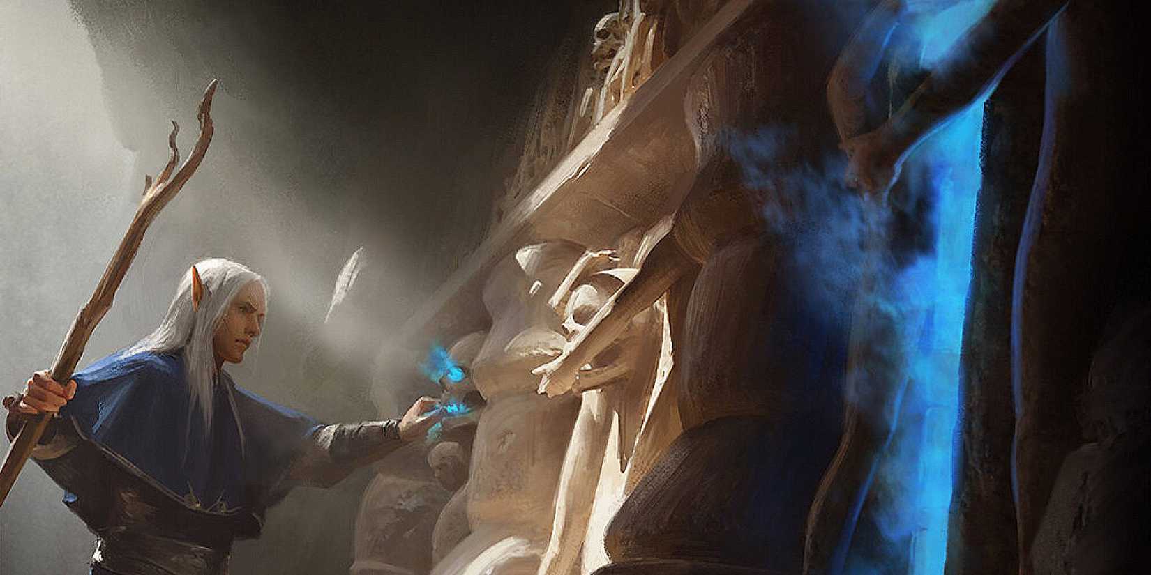 An elf approaches a glowing blue door in an underground catacomb.