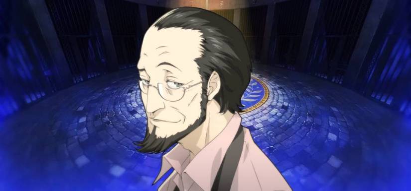 Sojiro in front of a Velvet Room background for the Hierophant arcana Personas in Persona 5 Royal.