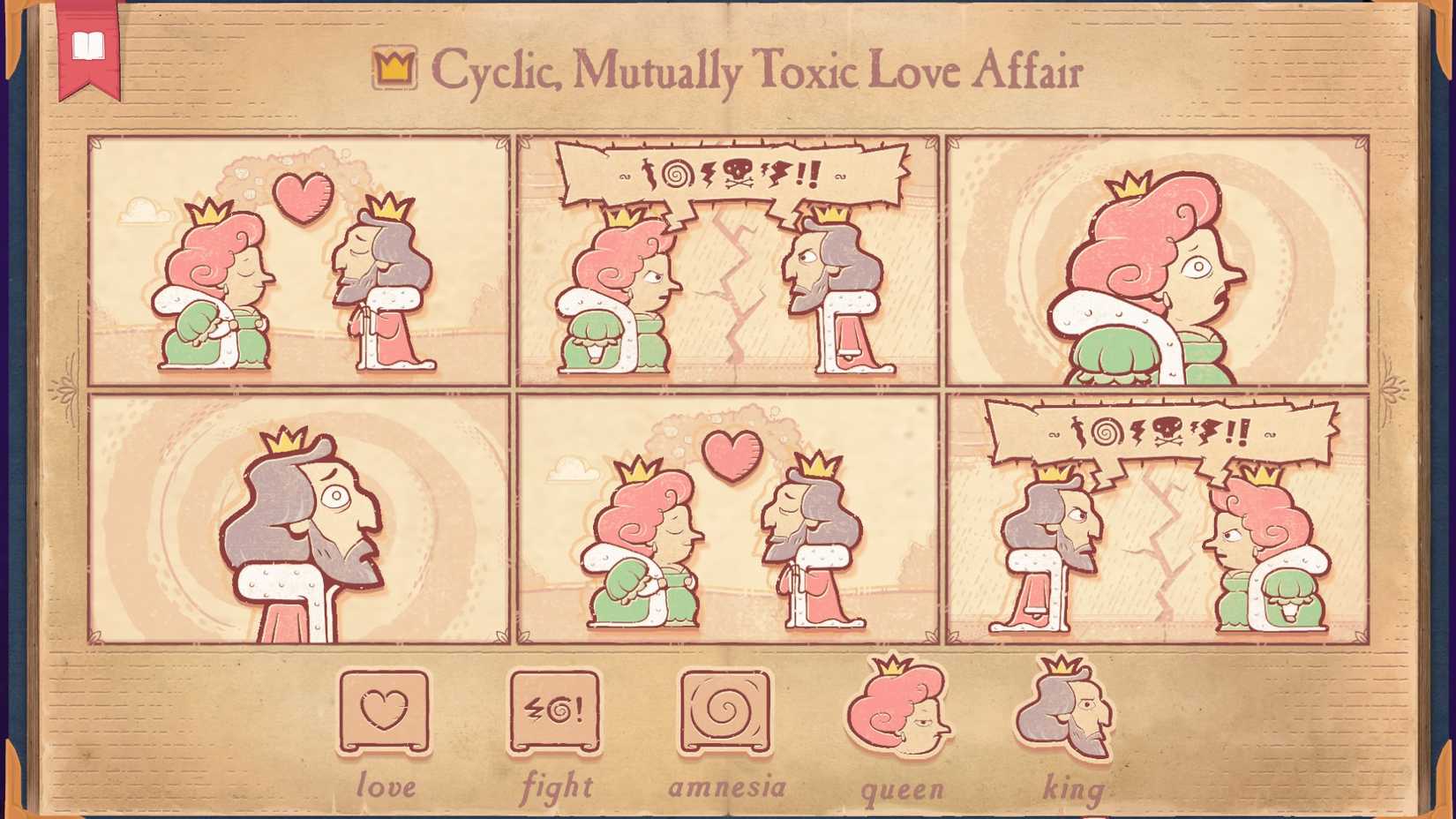 The solution for the Noxious section of Storyteller, showing a toxic love affair between the King and Queen.