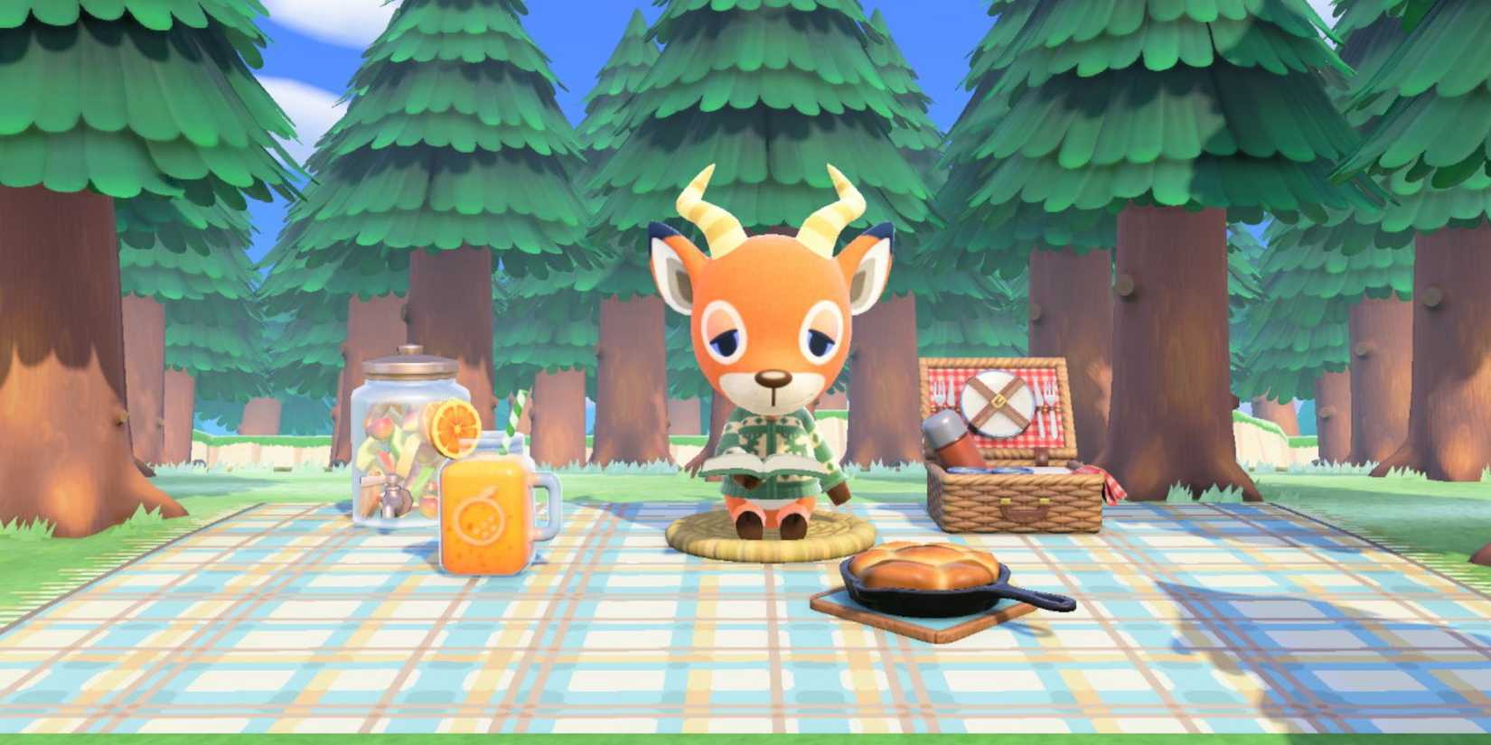 Beau reads a book in a forest while having a picnic in Animal Crossing New Horizons.
