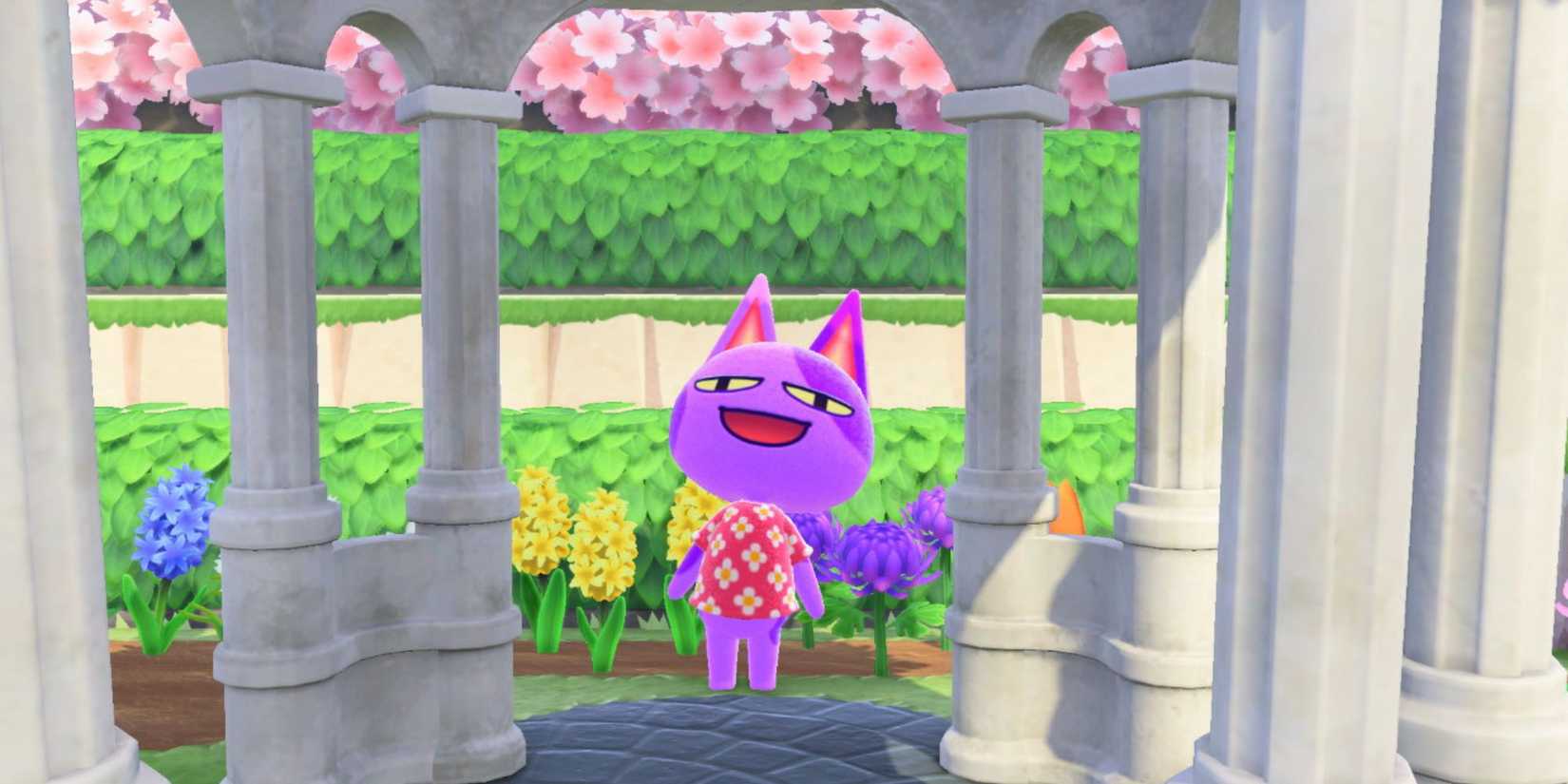 Bob smiles while standing beneath a gazebo in Animal Crossing: New Horizons.