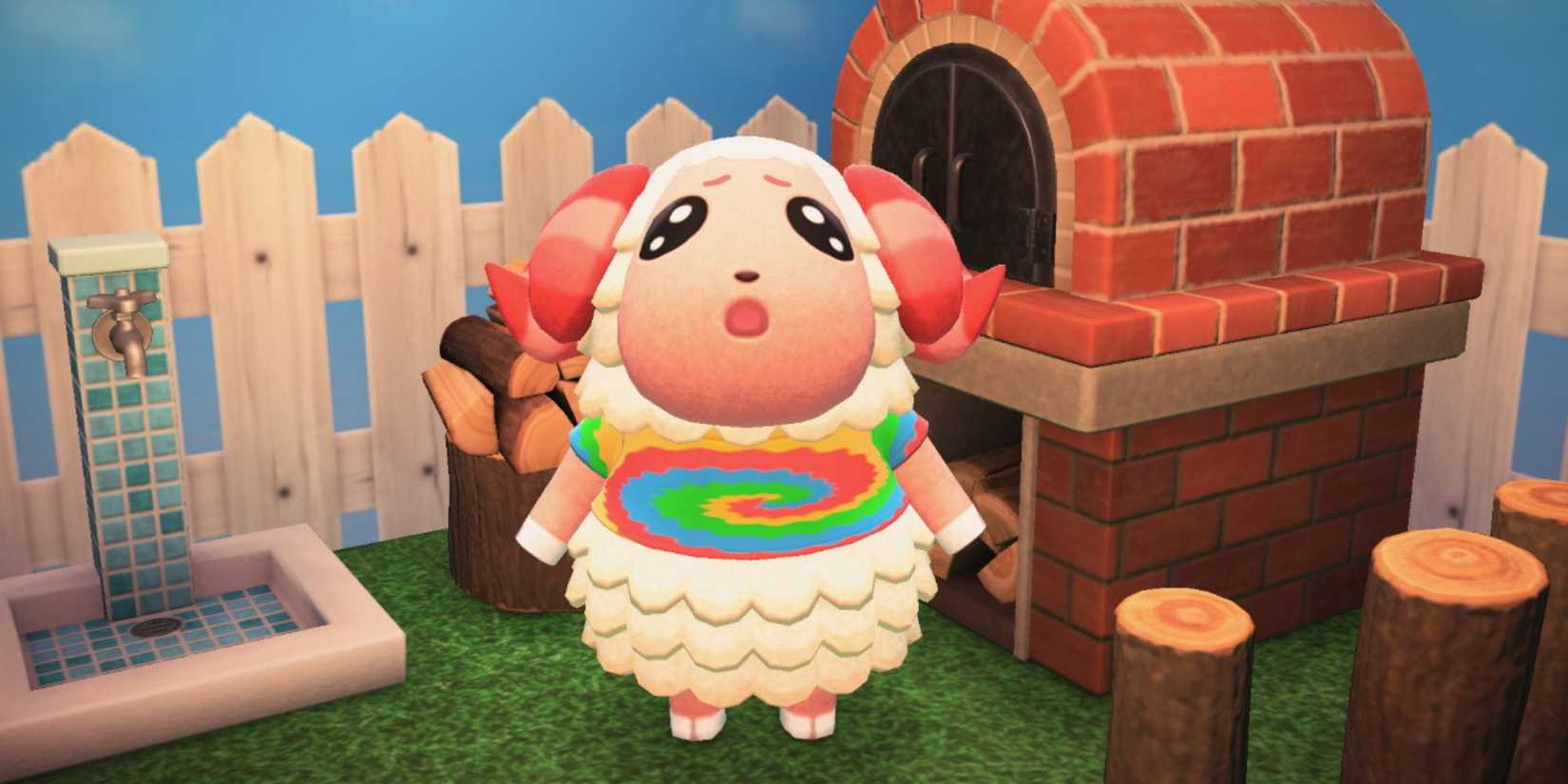 Dom looks amazed while standing beside a fireplace in Animal Crossing: New Horizons.