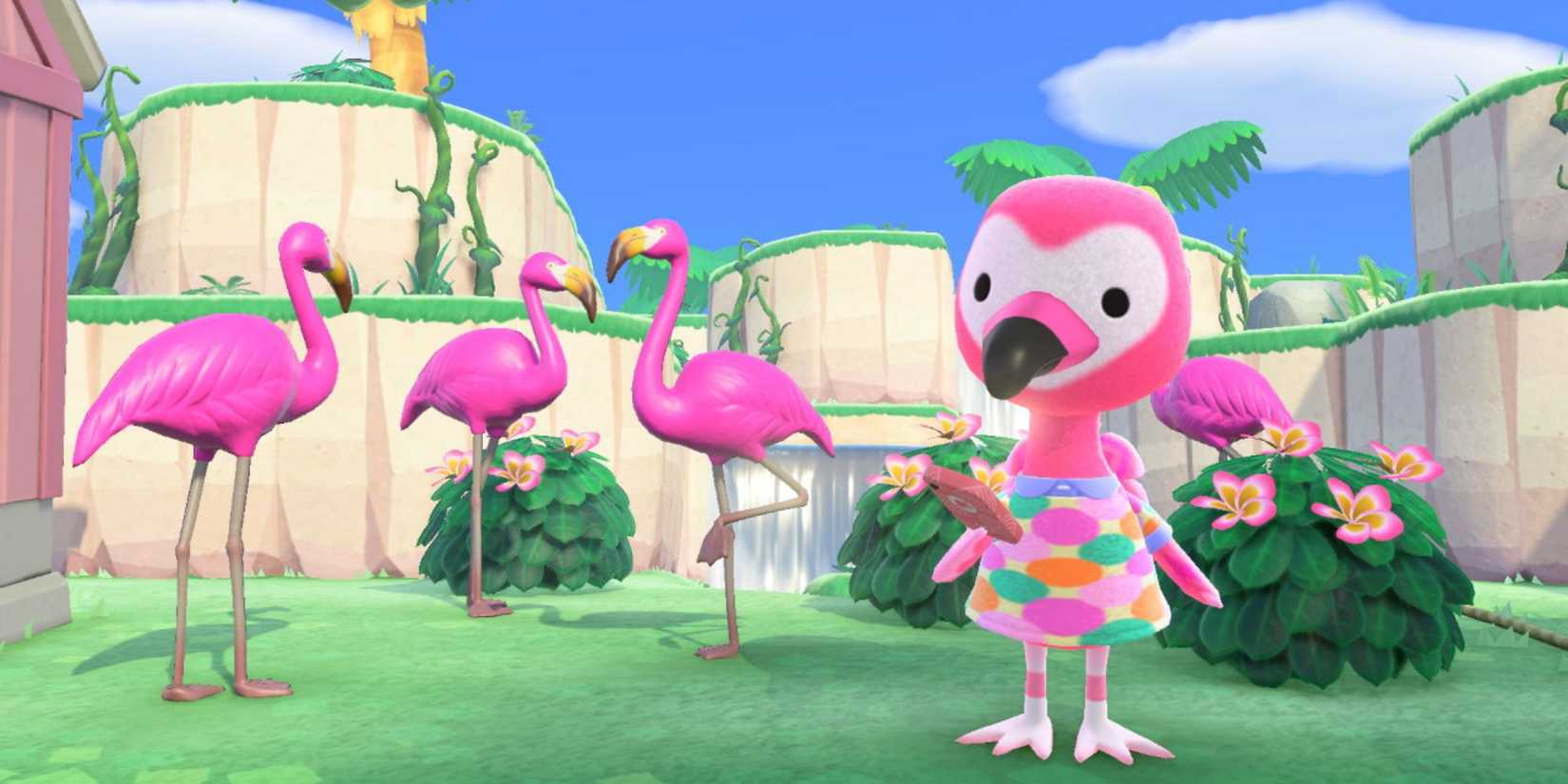 Flora looks at her phone outside while surrounded by plastic flamingos in Animal Crossing: New Horizons.
